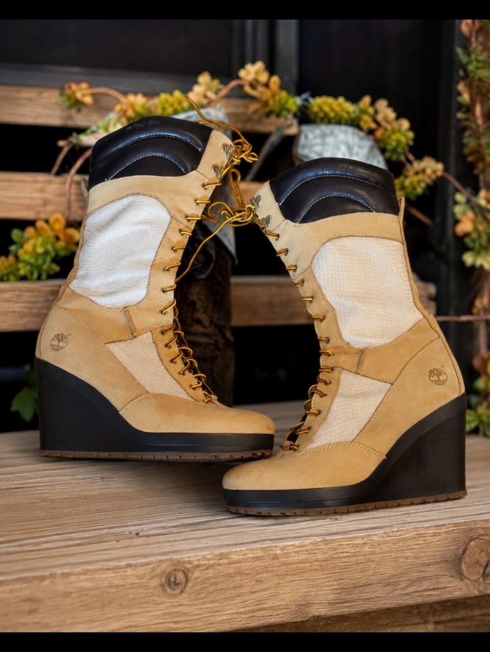 Timberland Spring Point Lace Up 14" Shaft wedge Heel boots wheat leather. Sz 9